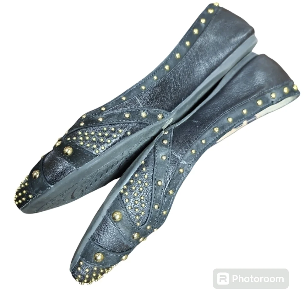 Gianni Bini Thea001 Black & Gold Studded Flats 8m In Original Box Faux Leather